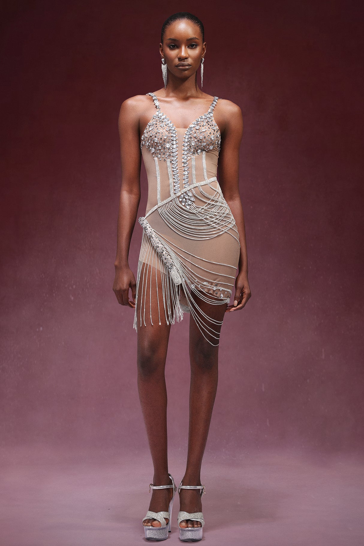 Rowan Mini Dress - Sleeveless Silhouette - V-Neckline - Diamond Detailing - Flowing Tassels - Luxurious Fabric