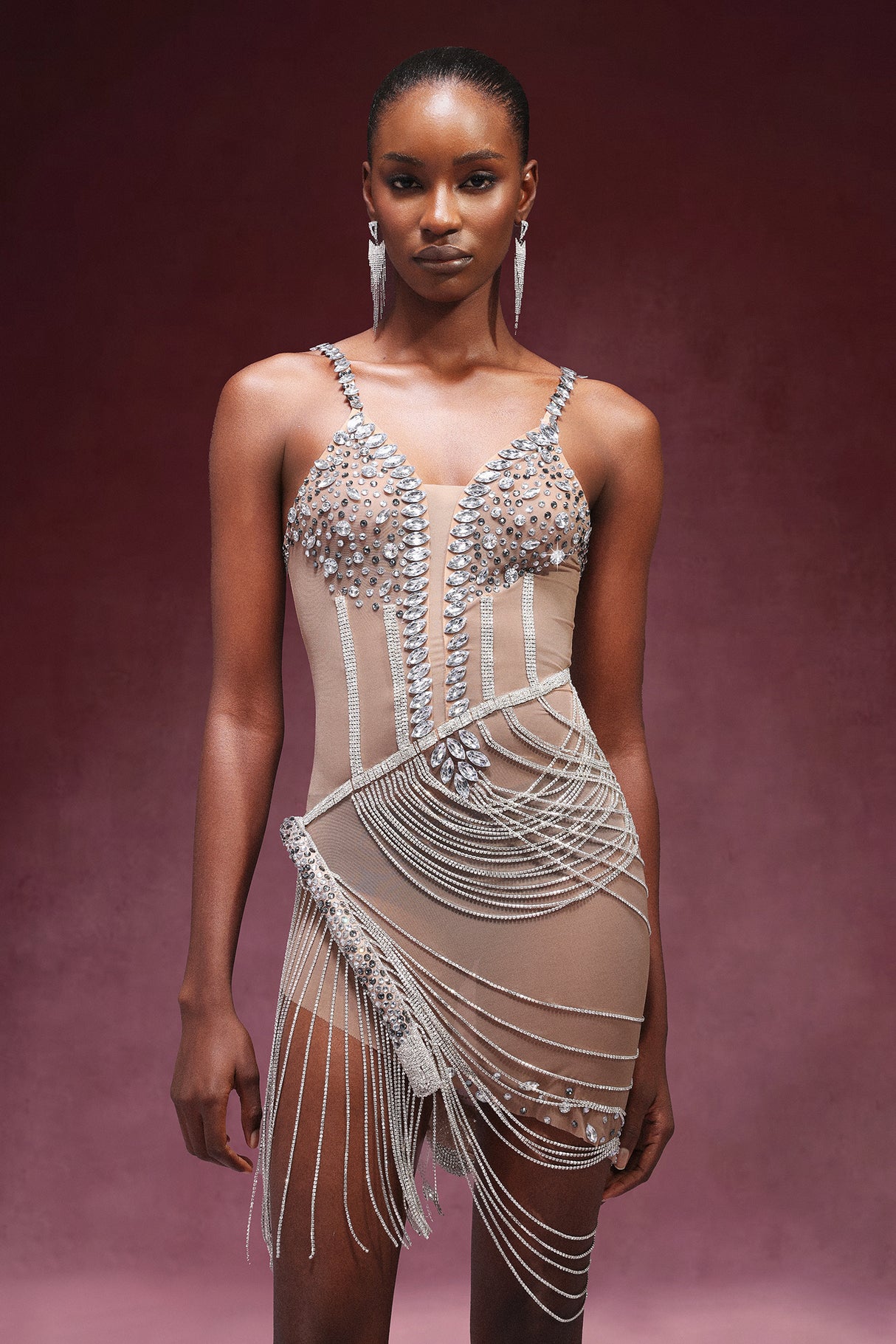 Rowan Mini Dress - Sleeveless Silhouette - V-Neckline - Diamond Detailing - Flowing Tassels - Luxurious Fabric