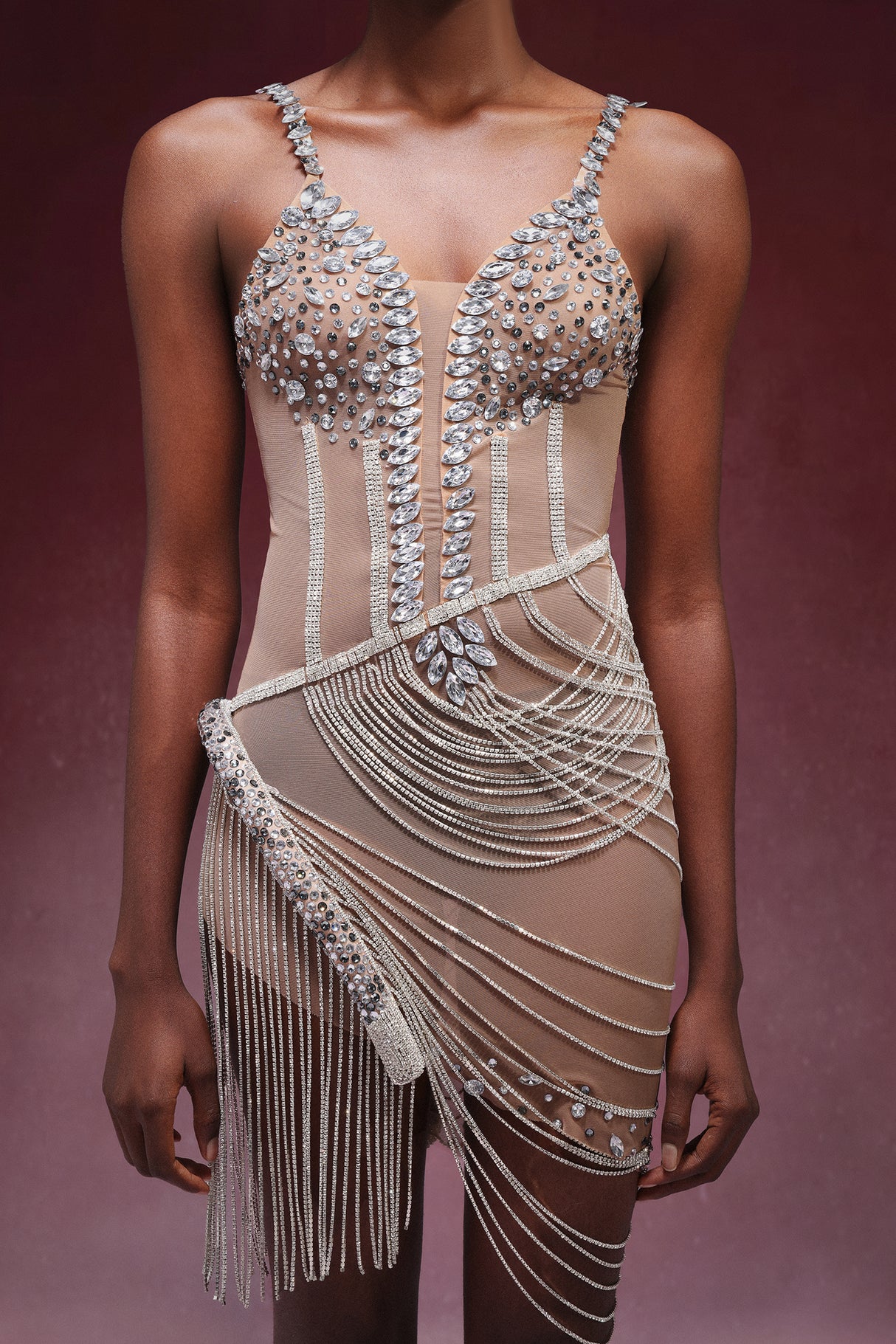 Rowan Mini Dress - Sleeveless Silhouette - V-Neckline - Diamond Detailing - Flowing Tassels - Luxurious Fabric