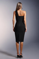 Skylar Midi Dress - One Shoulder - Bandage Fit - Button Detailing - Sophisticated Appeal