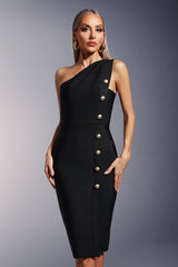 Skylar Midi Dress - One Shoulder - Bandage Fit - Button Detailing - Sophisticated Appeal