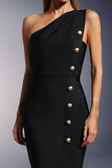 Skylar Midi Dress - One Shoulder - Bandage Fit - Button Detailing - Sophisticated Appeal