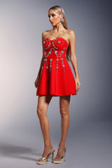 Karina Strapless Diamond Bandage Mini Dress - Intricate Diamond Detailing - Flattering Fit - Playful Flare