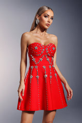 Karina Strapless Diamond Bandage Mini Dress - Intricate Diamond Detailing - Flattering Fit - Playful Flare