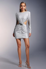 Yvette Mini Dress - Long Sleeves - Flowers Hollow Backless - Diamond Accents - Waist Knot