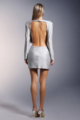 Yvette Mini Dress - Long Sleeves - Flowers Hollow Backless - Diamond Accents - Waist Knot