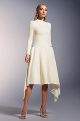 Palma Midi Dress - Unique Silhouette - High Neckline - Long Sleeves - Soft Fabric - Waist Detailing