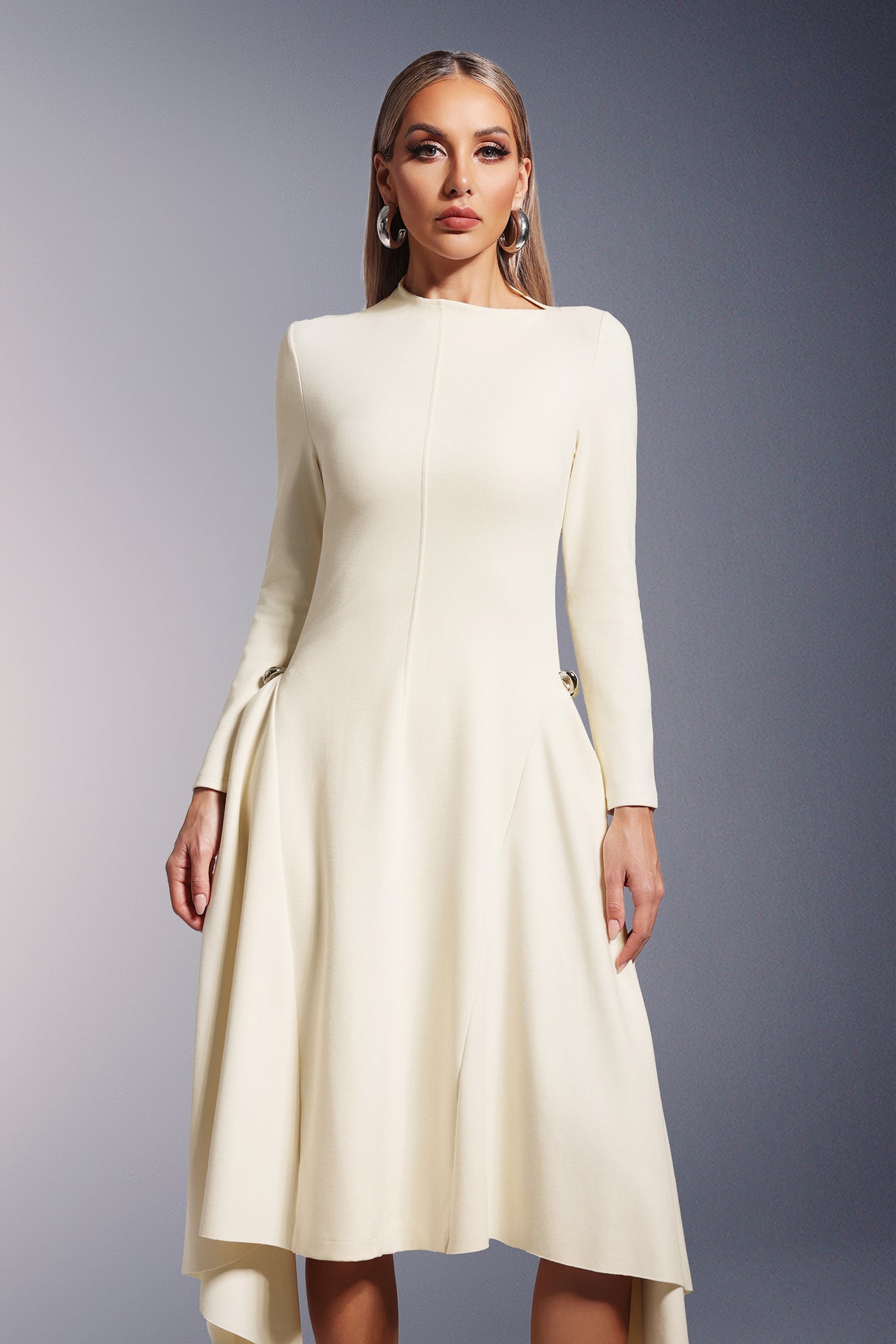 Palma Midi Dress - Unique Silhouette - High Neckline - Long Sleeves - Soft Fabric - Waist Detailing