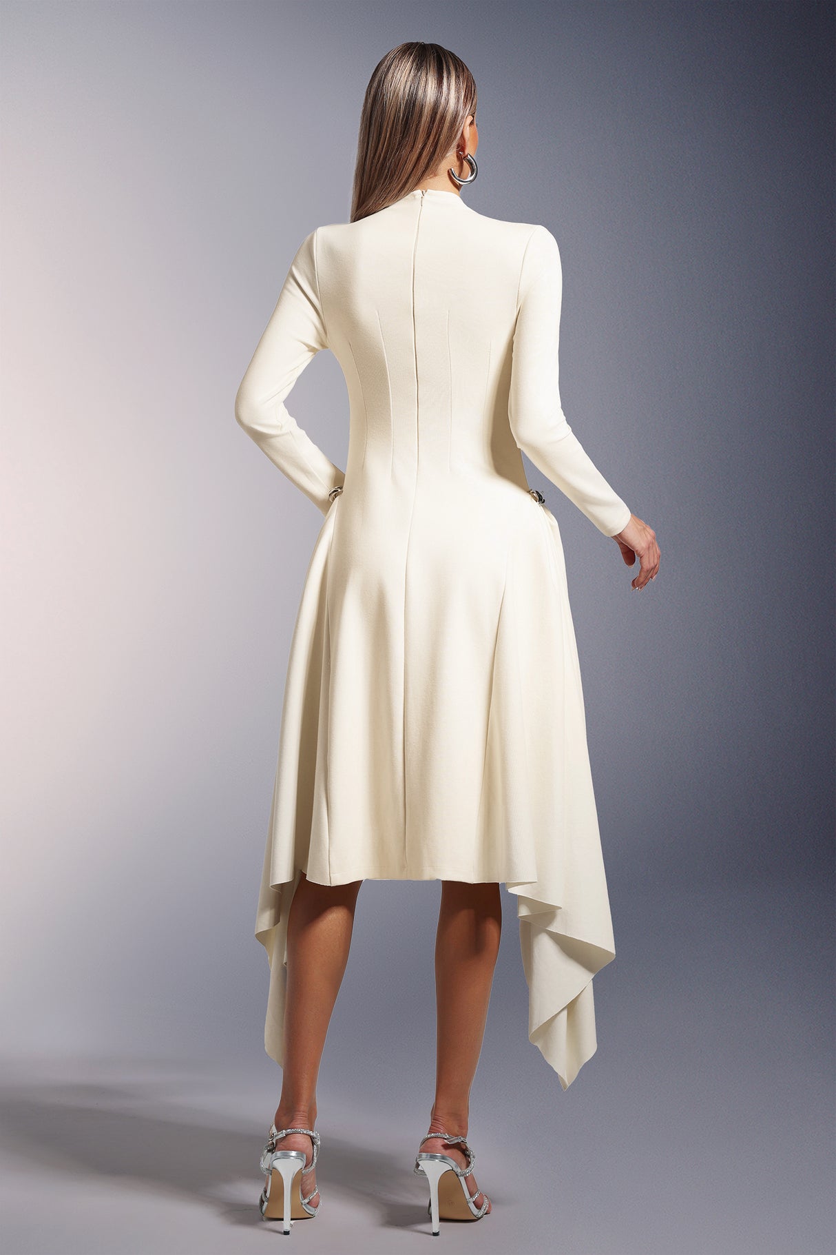 Palma Midi Dress - Unique Silhouette - High Neckline - Long Sleeves - Soft Fabric - Waist Detailing