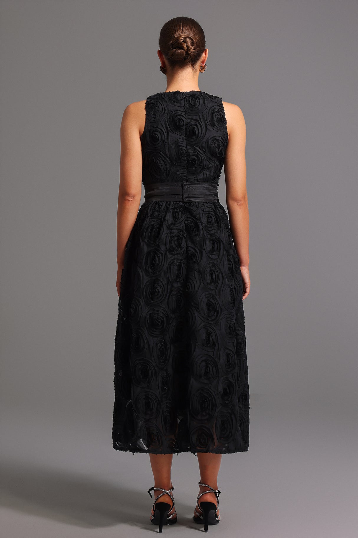 Emilee Midi Dress - Sleeveless Round Neck - Floral Detailing - Fit And Flare Silhouette - Satin Belt - High-Quality Materials