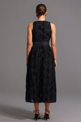 Emilee Midi Dress - Sleeveless Round Neck - Floral Detailing - Fit And Flare Silhouette - Satin Belt - High-Quality Materials