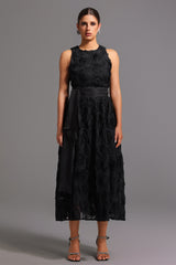 Emilee Midi Dress - Sleeveless Round Neck - Floral Detailing - Fit And Flare Silhouette - Satin Belt - High-Quality Materials