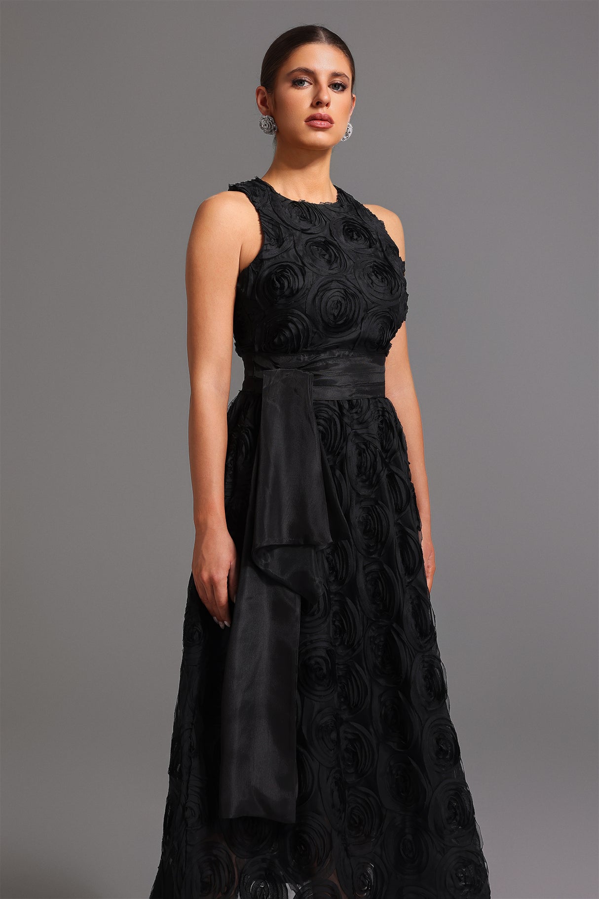 Emilee Midi Dress - Sleeveless Round Neck - Floral Detailing - Fit And Flare Silhouette - Satin Belt - High-Quality Materials