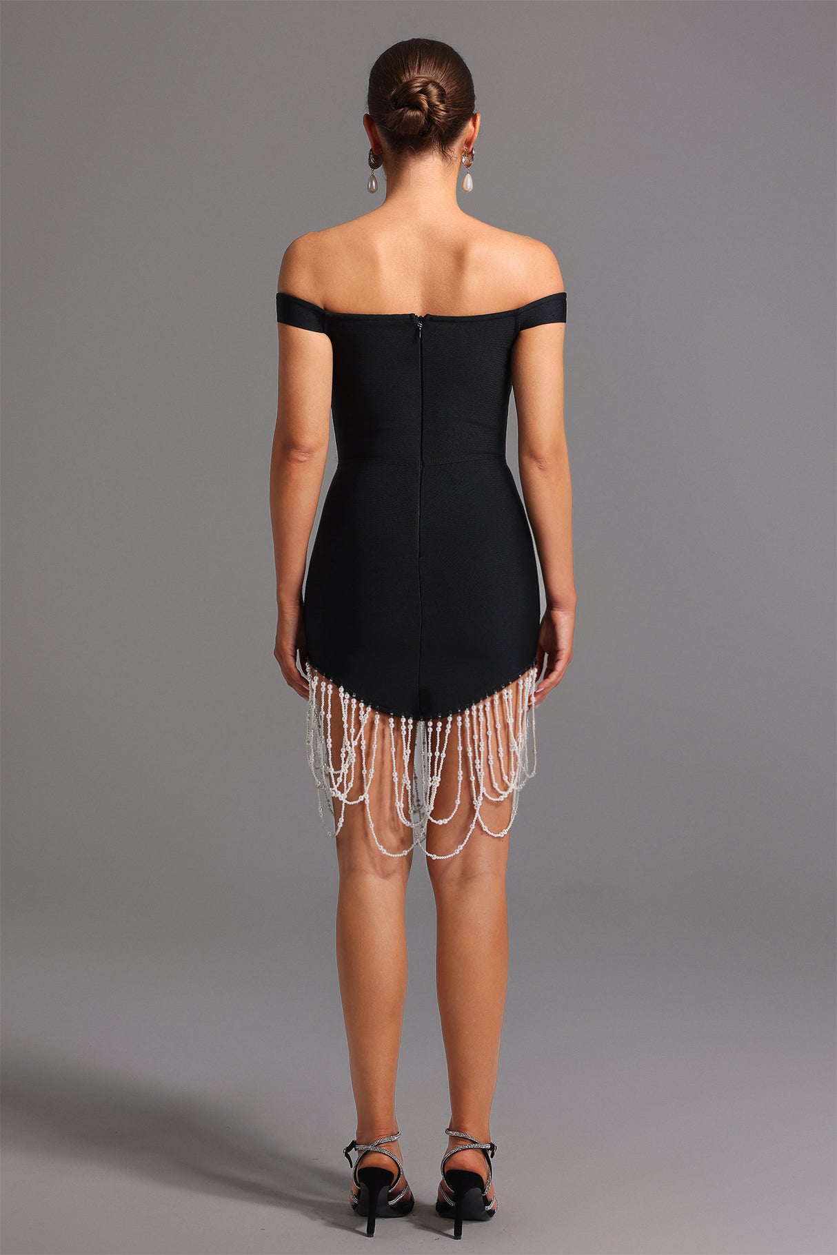 Piera Midi Dress - Fitted Silhouette - Off-The-Shoulder Neckline - Pearl Detailing - Length - High-Quality Materials