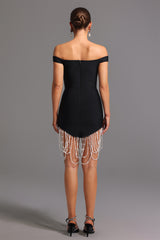 Piera Midi Dress - Fitted Silhouette - Off-The-Shoulder Neckline - Pearl Detailing - Length - High-Quality Materials