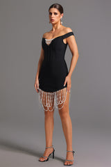 Piera Midi Dress - Fitted Silhouette - Off-The-Shoulder Neckline - Pearl Detailing - Length - High-Quality Materials