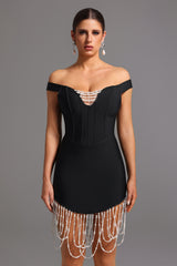 Piera Midi Dress - Fitted Silhouette - Off-The-Shoulder Neckline - Pearl Detailing - Length - High-Quality Materials