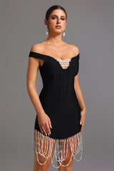 Piera Midi Dress - Fitted Silhouette - Off-The-Shoulder Neckline - Pearl Detailing - Length - High-Quality Materials