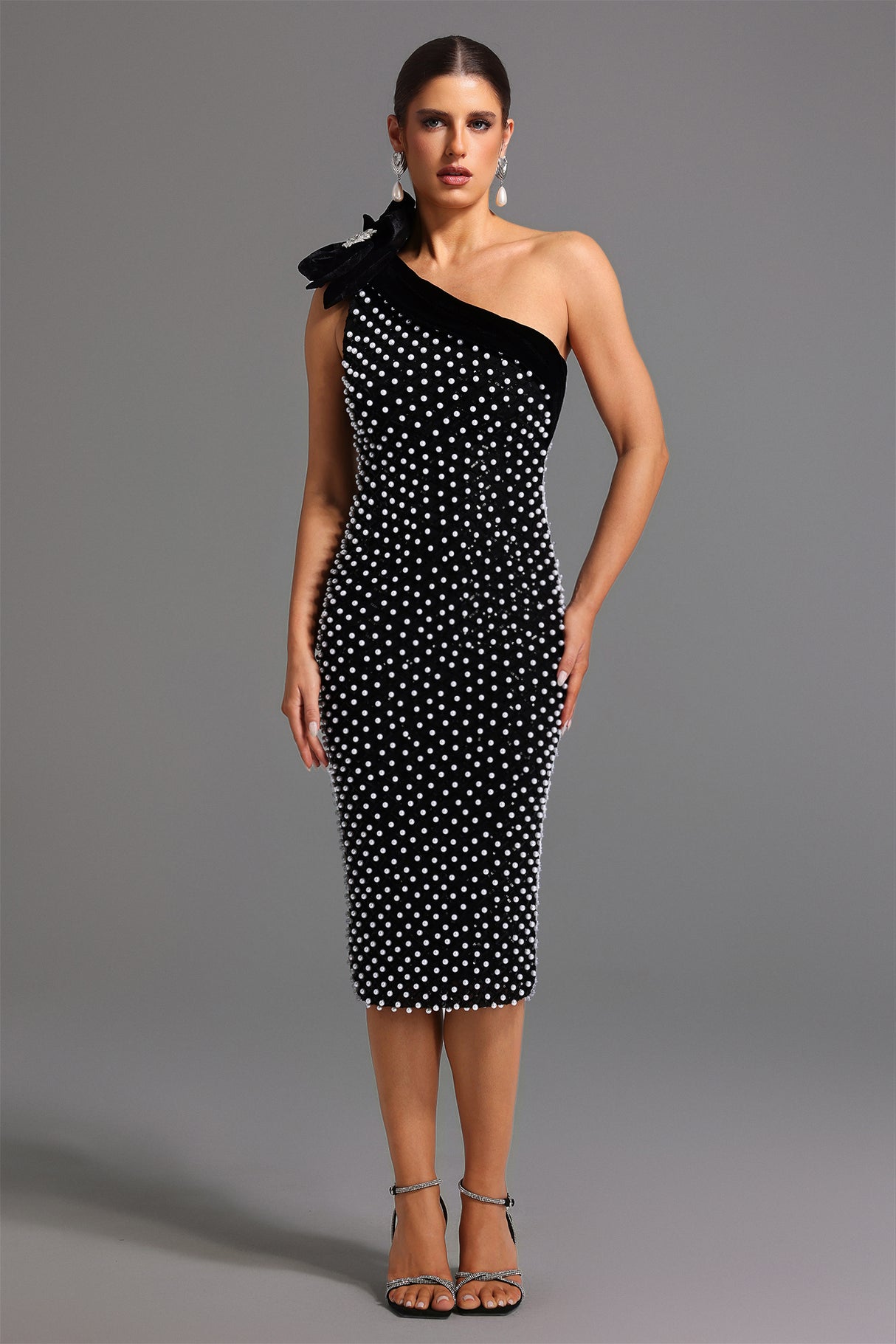 Nadia One Shoulder Diamond Pearls Midi Dress - Floral Detailing - Sparkling Accents - Form-Fitting - Luxurious Materials
