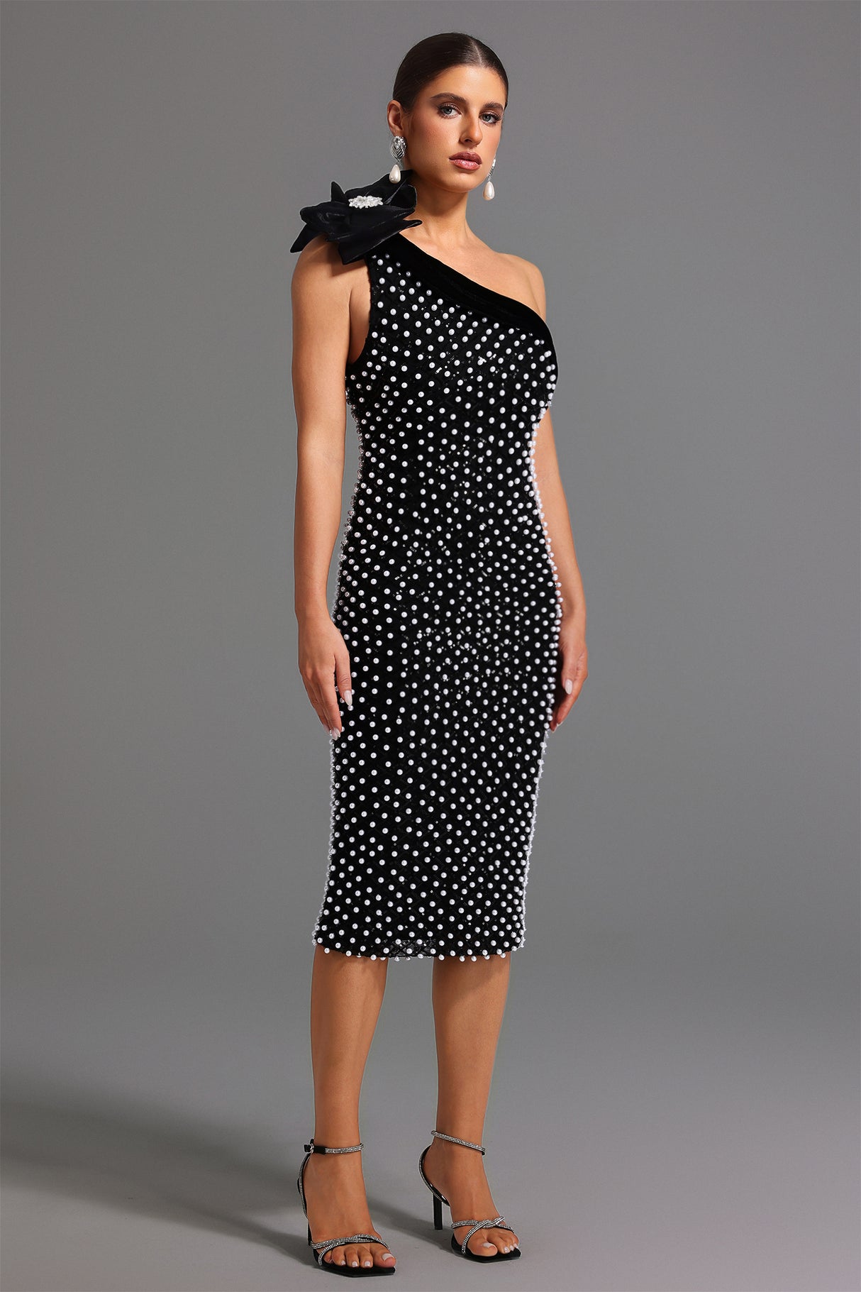 Nadia One Shoulder Diamond Pearls Midi Dress - Floral Detailing - Sparkling Accents - Form-Fitting - Luxurious Materials