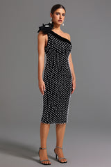 Nadia One Shoulder Diamond Pearls Midi Dress - Floral Detailing - Sparkling Accents - Form-Fitting - Luxurious Materials