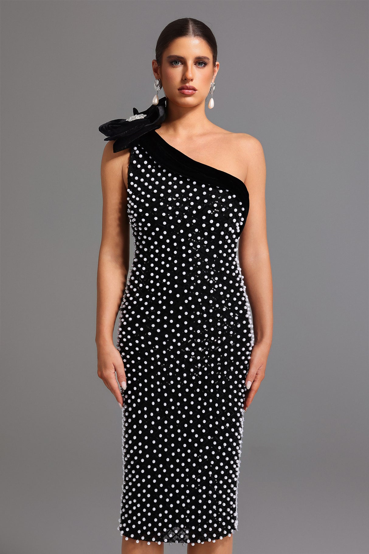 Nadia One Shoulder Diamond Pearls Midi Dress - Floral Detailing - Sparkling Accents - Form-Fitting - Luxurious Materials