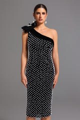 Nadia One Shoulder Diamond Pearls Midi Dress - Floral Detailing - Sparkling Accents - Form-Fitting - Luxurious Materials