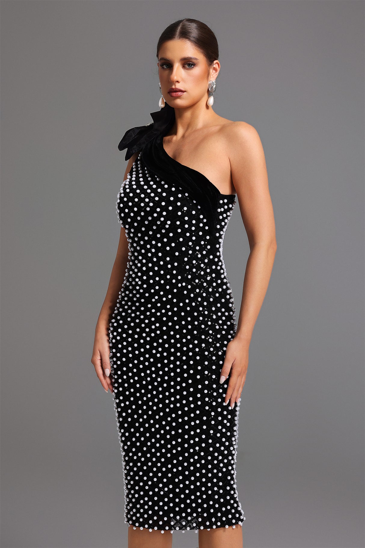 Nadia One Shoulder Diamond Pearls Midi Dress - Floral Detailing - Sparkling Accents - Form-Fitting - Luxurious Materials