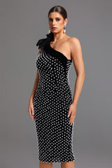 Nadia One Shoulder Diamond Pearls Midi Dress - Floral Detailing - Sparkling Accents - Form-Fitting - Luxurious Materials