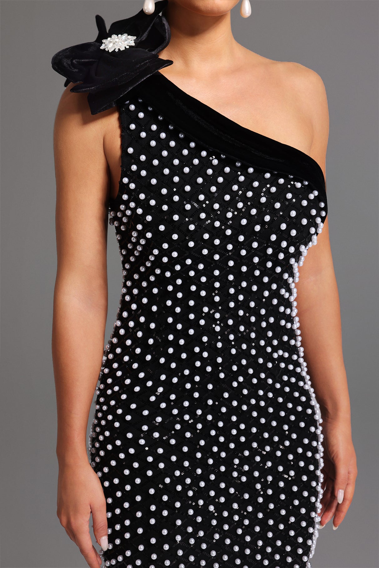 Nadia One Shoulder Diamond Pearls Midi Dress - Floral Detailing - Sparkling Accents - Form-Fitting - Luxurious Materials