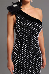 Nadia One Shoulder Diamond Pearls Midi Dress - Floral Detailing - Sparkling Accents - Form-Fitting - Luxurious Materials