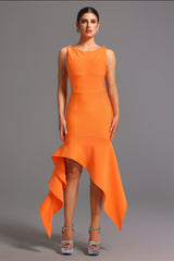 Milena Midi Dress - Sleek Silhouette - Asymmetrical Hem - Round Neckline - Comfortable Fit - Eye-Catching Color