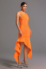 Milena Midi Dress - Sleek Silhouette - Asymmetrical Hem - Round Neckline - Comfortable Fit - Eye-Catching Color