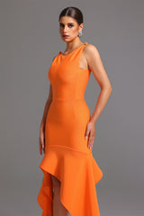 Milena Midi Dress - Sleek Silhouette - Asymmetrical Hem - Round Neckline - Comfortable Fit - Eye-Catching Color