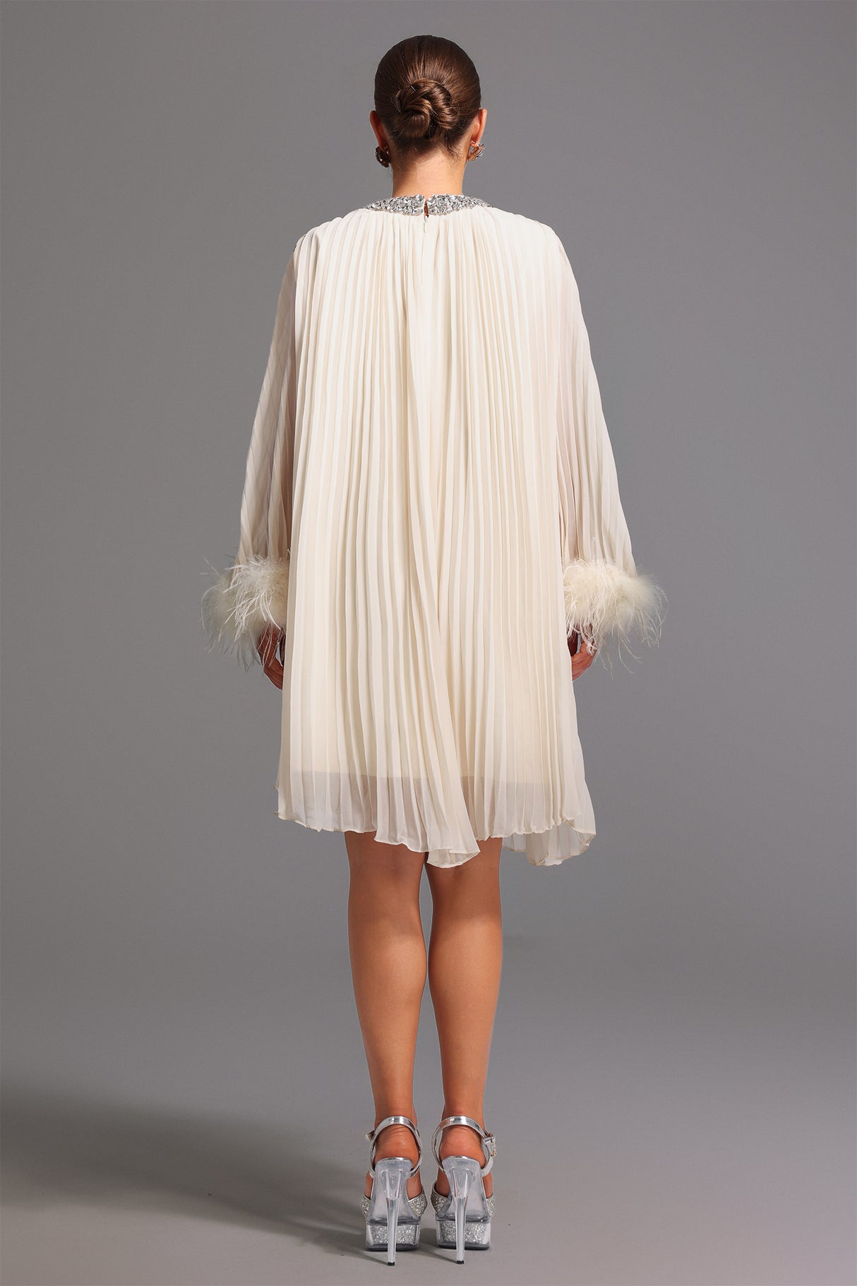 Guenda Midi Dress - Pleated - Diamond Detailing - Feather Accents - Lightweight Fabric