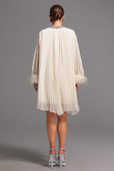 Guenda Midi Dress - Pleated - Diamond Detailing - Feather Accents - Lightweight Fabric