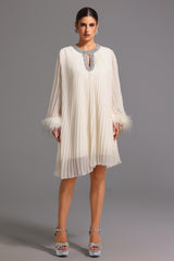 Guenda Midi Dress - Pleated - Diamond Detailing - Feather Accents - Lightweight Fabric