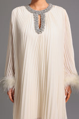Guenda Midi Dress - Pleated - Diamond Detailing - Feather Accents - Lightweight Fabric
