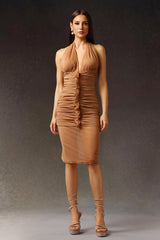 Imelda Midi Dress - Halter V-Neck - Ruched Detailing - Sophisticated Midi Length - Exquisite Fold - Comfortable Stretch Fabric