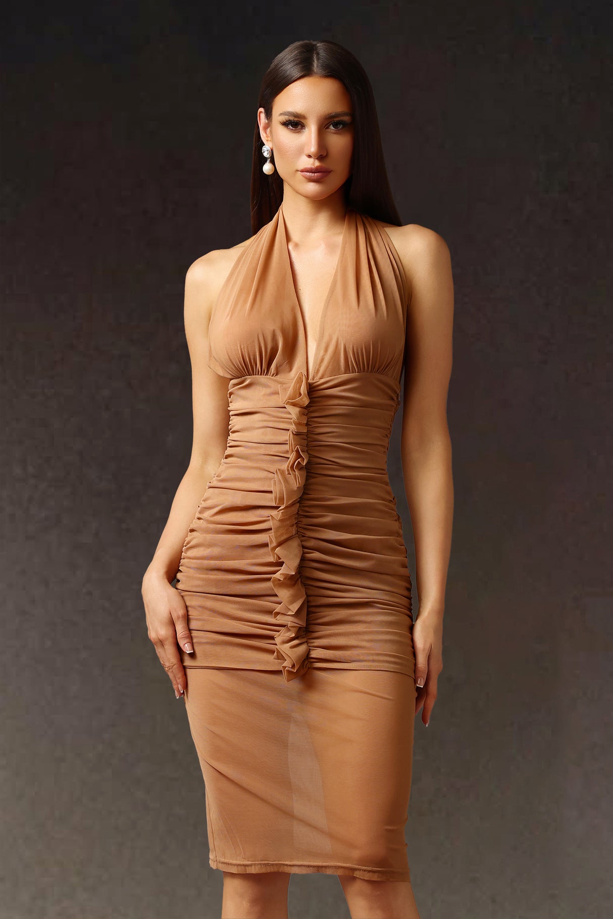 Imelda Midi Dress - Halter V-Neck - Ruched Detailing - Sophisticated Midi Length - Exquisite Fold - Comfortable Stretch Fabric