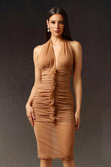Imelda Midi Dress - Halter V-Neck - Ruched Detailing - Sophisticated Midi Length - Exquisite Fold - Comfortable Stretch Fabric