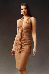 Imelda Midi Dress - Halter V-Neck - Ruched Detailing - Sophisticated Midi Length - Exquisite Fold - Comfortable Stretch Fabric