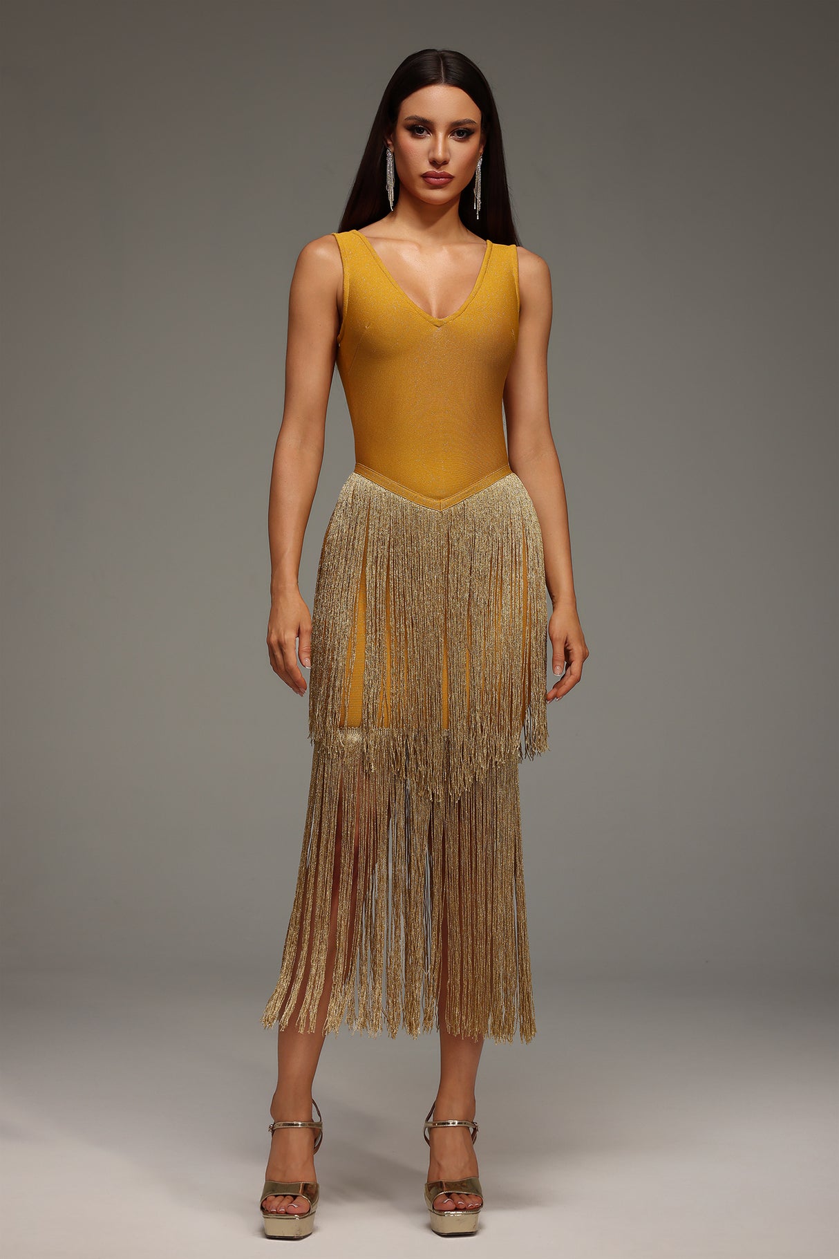 Holland Midi Dress - Sleeveless V-Neck - Tassels Bandage - Flattering Silhouette - Comfortable Fit - Eye-Catching