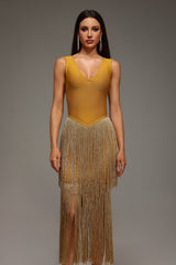 Holland Midi Dress - Sleeveless V-Neck - Tassels Bandage - Flattering Silhouette - Comfortable Fit - Eye-Catching
