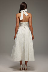 Dorotea Midi Dress - Sleeveless Halter - Deep V-Neckline - Jacquard Detailing - Flattering Silhouette - Comfortable Fit