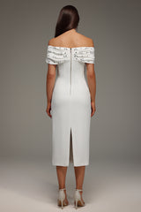 Mariuccia Midi Dress - Off The Shoulder Neckline - Diamond Bandage Detailing - Figure-Hugging Fit