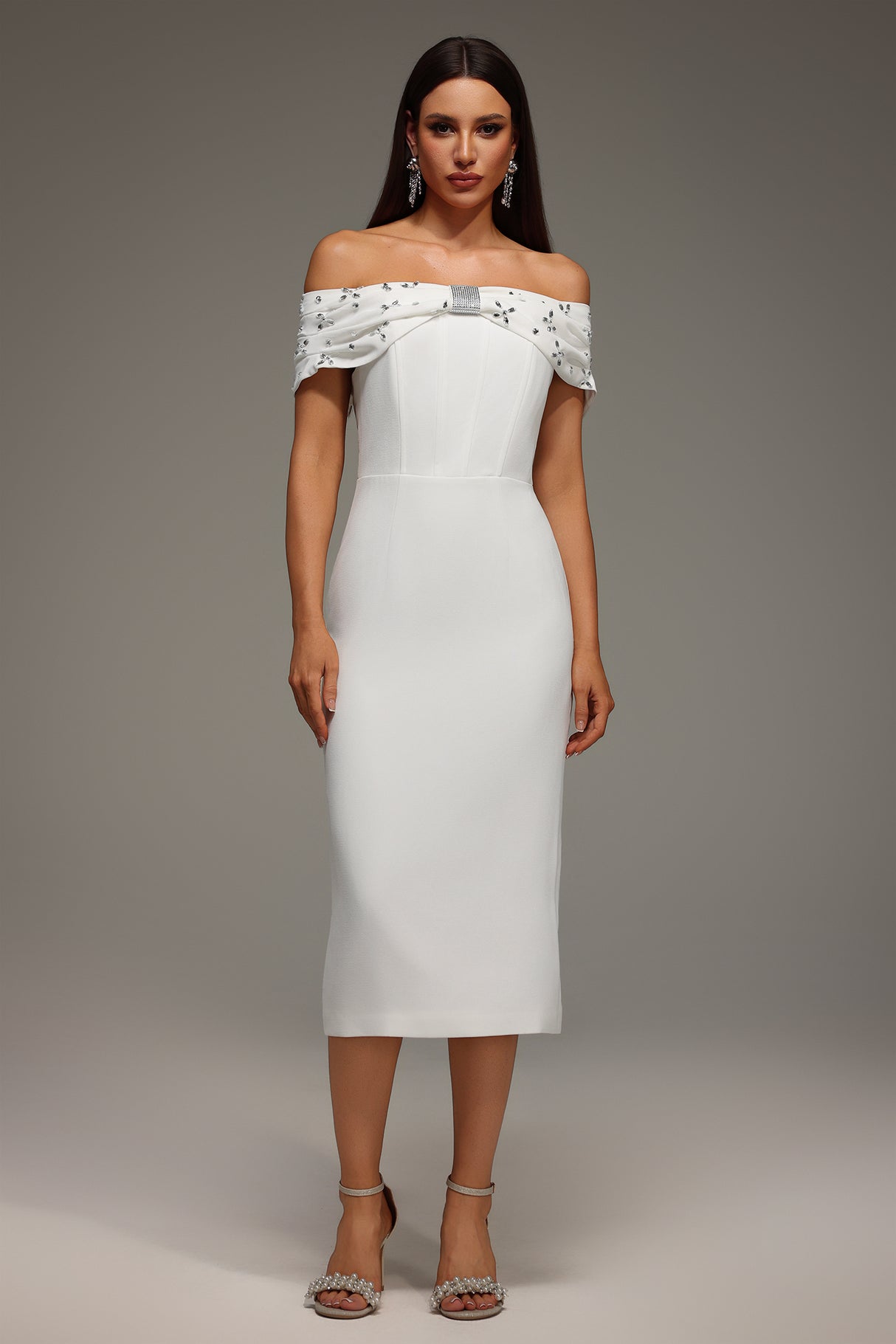Mariuccia Midi Dress - Off The Shoulder Neckline - Diamond Bandage Detailing - Figure-Hugging Fit