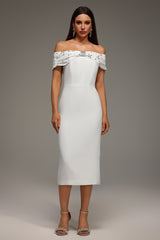 Mariuccia Midi Dress - Off The Shoulder Neckline - Diamond Bandage Detailing - Figure-Hugging Fit