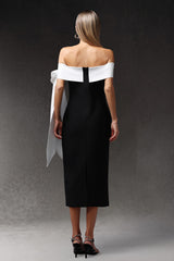 Sara Midi Dress - Sleeveless - Off The Shoulder - Bow Bandage - Sleek Silhouette - Luxurious Fit Feel
