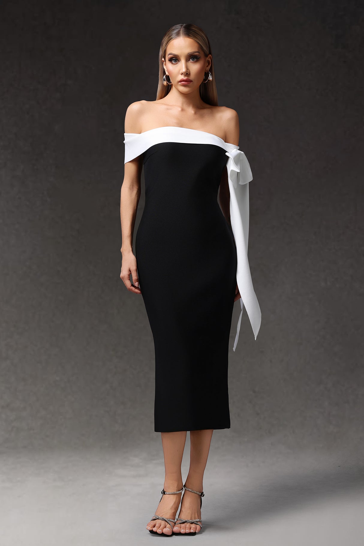 Sara Midi Dress - Sleeveless - Off The Shoulder - Bow Bandage - Sleek Silhouette - Luxurious Fit Feel